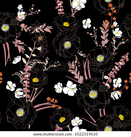  Summer night darden Floral seamless pattern blooming line black flowers Botanical  Motifs scattered random. vector texture. Elegant template for fashion prints. Printing with in hand drawn style 