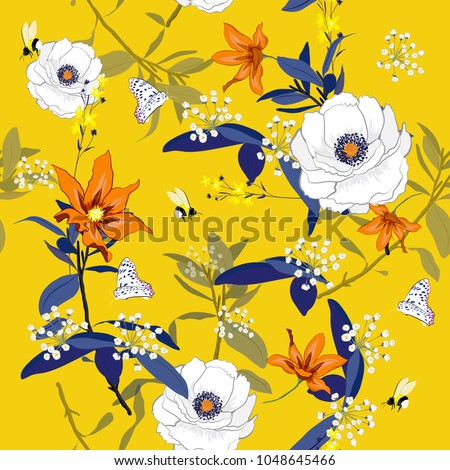Hand drawn colorful blooming flowers botanical floral and  leaves  background vector seamless pattern on summer fresh yellow background.