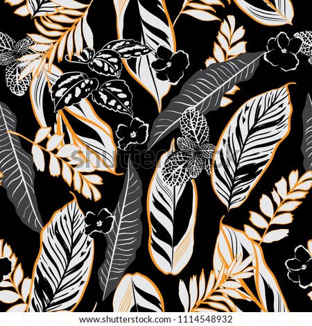 Dark tropical night leaves and foliage seamless pattern vector in hand drawn style for fashion fabric and all prints on orange line and black  background color