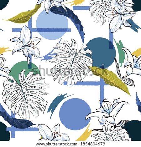Trendy Modern tropical monstera leaves and lilies flowers with geometric shape seamless pattern vector,Design for fashion , fabric, textile, wallpaper, cover, web , wrapping and all prints 
