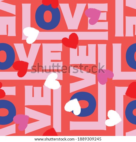 Colorful Love typography with small heart valentines day mood seamless pattern vector Design for fashion , fabric, textile, wallpaper, cover, web , wrapping ,Valentines day and all prints on pink 商業照片 © 