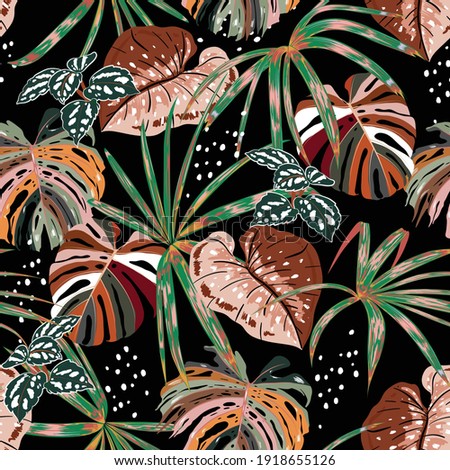 Stylish Dark seamless pattern of hand drawnTropical forest with many kind of exotic plants and leaves in vector brush style,Design for fashion fabric,web,wallpaper,and all prints on black  