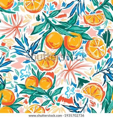 Trendy and colourful of Summer fruits Orange and leaves brushed strokes style, seamless pattern vector ,Design for fashion , fabric, textile, wallpaper, cover, web , wrapping and all prints 
