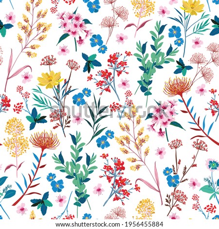 Elegant Blooming Garden floral in small hand draw flower with many kind of botanical plants seamless background Liberty style,Design for fashion, fabric, textile, wallpaper, cover, web , wrapping 
