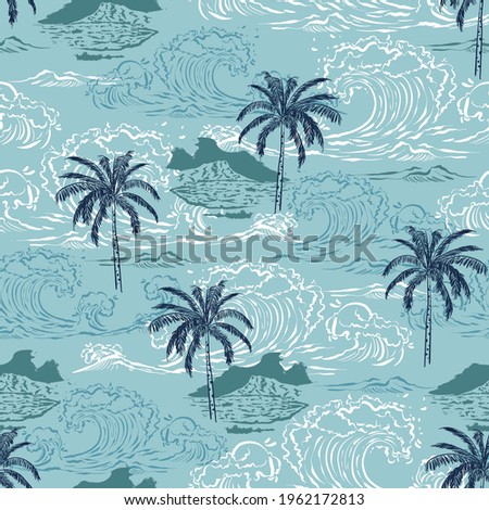 Beautiful seamless pattern island ,Big wave on vintage ocean blue background. Landscape with palm trees,beach ,mountain and ocean vector hand drawn style.