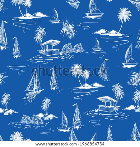 Beautiful seamless white hand sketch island pattern on ocean blue background. Landscape with palm trees,beach and ocean vector