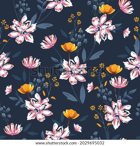 Hand drawn brushed sketch soft blooming white floral with many kind of botanical florals, plants artistic mood seamless pattern vector EPS10 , Design for all prints on dark blue 
