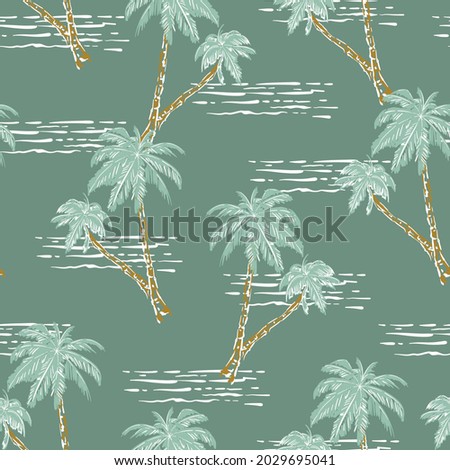 Stylish hand drawn palm tree and ocean wave retro mood Seamless pattern Vector EPS10,Design for fashion , fabric, textile, wallpaper, cover, web , wrapping and all prints on light green mint