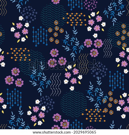 Small scale of Floral seamless patterns, mix with geometric flower shape and line dots ,Design for fashion , fabric, textile, wallpaper, cover, web , wrapping and all prints on navy blue background