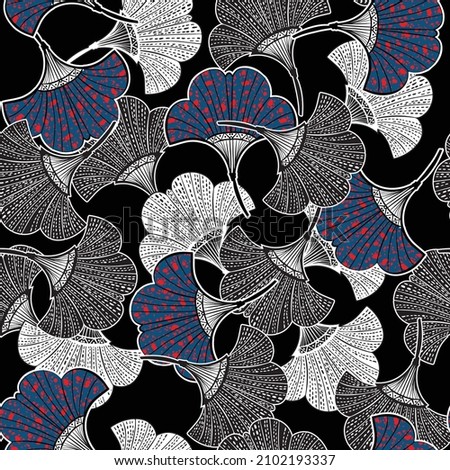 Seamless pattern gingko leaves fill in with african prints and hand dranw line dots ,Design for fashion , fabric ,wrapping ,wallpaper, and all prints on black 商業照片 © 
