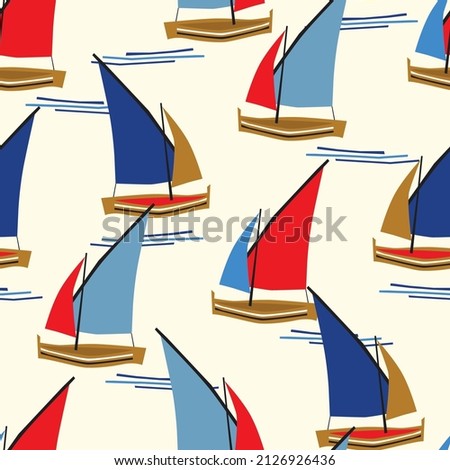 Modern Summer Seamless vector pattern Modern  sailing yachts and ocean waves . Design for fashion , fabric, textile, wallpaper, cover, web , wrapping and all prints on vintage Off white color
