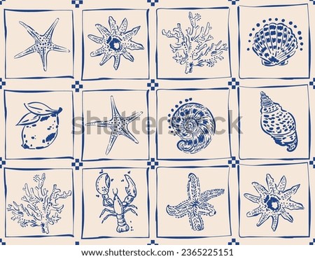 Retro  Tropical  Summer Hand drawn  , Oceans Animal , Leaves ,  Sea shell , Nautical Boat repeat in retro style. Vector art Hand drawn for summer design, print, exotic wallpaper, textile, fabric