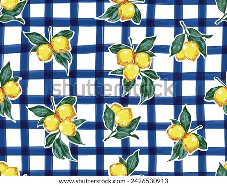 Trendy Summer Lemon  Summer fruits Orange and leaves  seamless pattern vector on Hand blue window check Design for fashion , fabric, textile, wallpaper, cover, web , wrapping and all prints