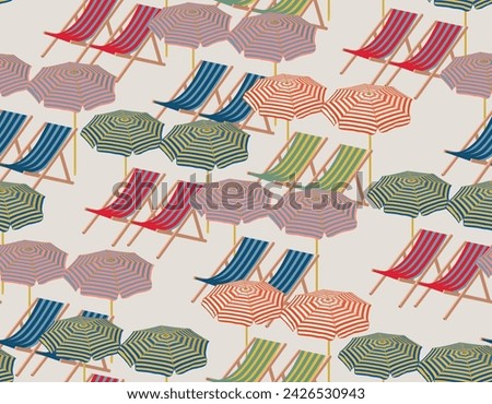 Modern sand beach with white sun umbrellas and colorful Sun desk Capri Italy inspired . Minimal summer pattern. Design for fashion , fabric, textile, wallpaper , wrapping and all prints 