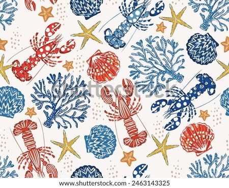 Seamless Marine Life Pattern Vector Lobsters Corals Seaweed Coral Shells, star fish Seamless pattern Vector Illustration Design for fashion , fabric, textile, wallpaper , wrapping and all prints 
