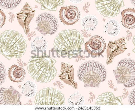 Trendy Hand drawn Summer sea shells seamless pattern Vector Illustration .Soft pink drawing. Underwater , Design for fashion , fabric, textile, wallpaper , wrapping and all prints 
