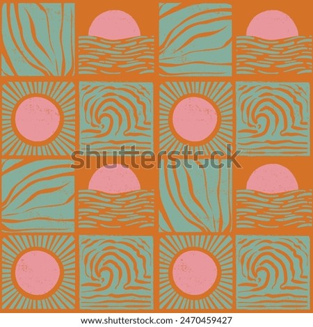 Retro Suumer beach sun sea seamless patterns. Surf club vacation and sunny summer day , Wave Sun set . Vector illustration , Design for fashion , fabric, textile, wallpaper , wrapping and all prints 