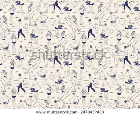 Stylish Hand drawn Sketch Surfers seamless pattern. Summer Activities Vector Illustration , Design for fashion , fabric, textile, wallpaper , wrapping and all prints 