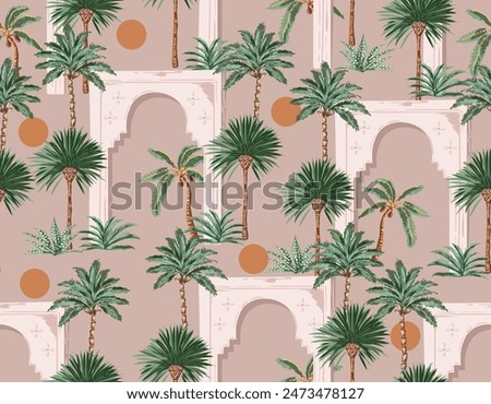 Moroccan architecture. Arch door in Palm tree garden seamless pattern,  bohemian aesthetic. Vector illustration ,Design for fashion , fabric, textile, wallpaper , wrapping and all print