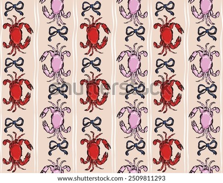 Coastal, sea life pattern cute crabs with Bow and line in Vertical striped , Design for fashion , fabric, textile, wallpaper , wrapping and all prints
