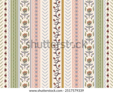 Trendy stylish Vertical Striped  floral pattern with paisley and indian flower motifs. damask modern style pattern , Design for fashion , fabric, textile, wallpaper , wrapping and all prints