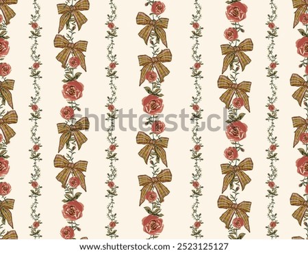 Trendy Seamless pattern of Striped Coquette bows and Rose Vine Vector Illustration  ribbon background. Design for fashion , fabric, textile, wallpaper , wrapping and all prints