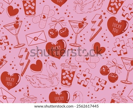 Trendy Valentine's Day Seamless pattern  Pink and Red Perfect match  Love Couple Jigsaw Heart  Cocktail Cherry   Swan  Sweet Latte   Hand drawn Illustration Vector not Ai , Design for fashion