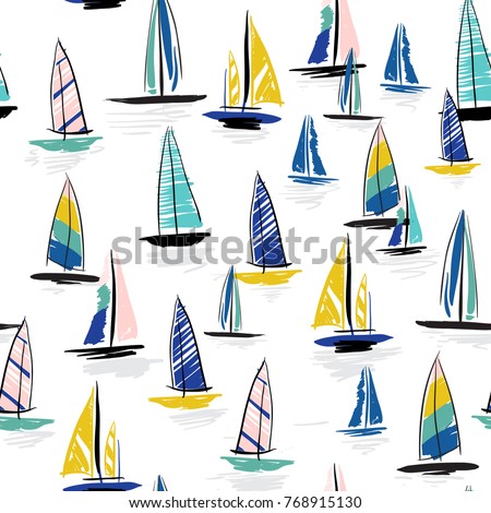 Beautiful Hand drawing colorful wind surf seamless pattern in vector. Flat style illustration. Summer beach surfing illustration in the ocean on white  background. 