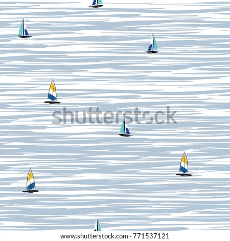 Beautiful Hand drawing colorful wind surf  floating on the ocean seamless pattern in vector. Flat style illustration. Summer beach surfing illustration in the ocean on white  background. 