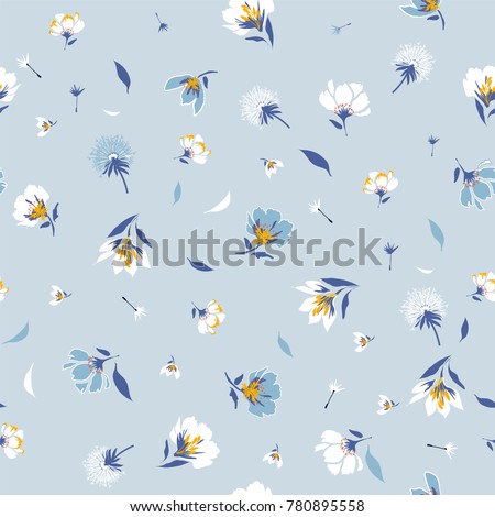 Blossom  Floral pattern in the blooming botanical  Motifs scattered random. Seamless vector texture. For fashion prints. Printing with in hand drawn style light blue background