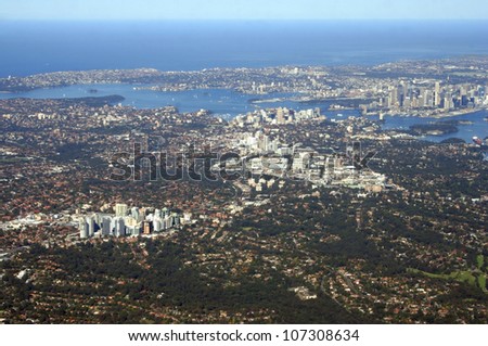 Aerial view of lower north shore and central business district of Sydney, Australia