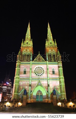 SYDNEY, AUSTRALIA - JUNE 14: St Mary's Cathedral light up with projected art work as part of the Vivid Sydney Festival, Australia, 14 June 2010