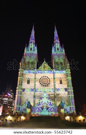 SYDNEY, AUSTRALIA - JUNE 14: St Mary\'s Cathedral light up with projected art work as part of the Vivid Sydney Festival, Australia, 14 June 2010