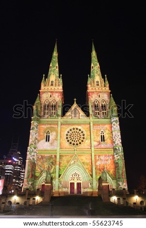 SYDNEY, AUSTRALIA - JUNE 14: St Mary\'s Cathedral light up with projected art work as part of the Vivid Sydney Festival, Australia, 14 June 2010