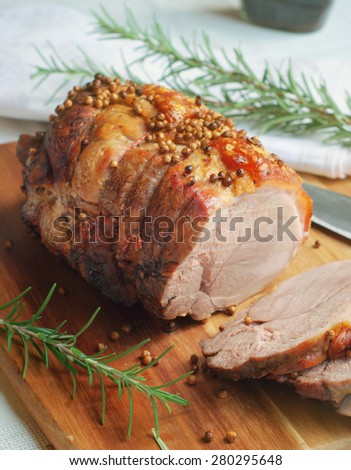 Slow roasted pork shoulder with garlic and coriander. selective focus