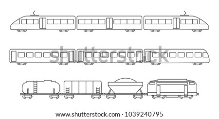 Vector collection of rail transport silhouettes. Passenger and freight transport set of wagons and locomotives. 