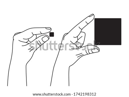 Hand showing size between fingers from big to small. Two hands comparing size between index and thumb fingers. Gesture showing measuring in sign language. Vector illustration in outline style. 