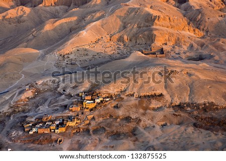 Egypt. Aerial view over the West Bank of Luxor. Deir el-Medina -  the Workers\' Village and Necropolis