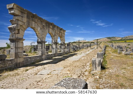 Morocco. Volubilis - archaeological site is on UNESCO World Heritage List. The Decumanus Maximus.