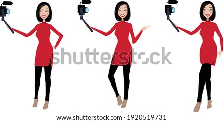 Female cartoon holding selfie camera in three poses