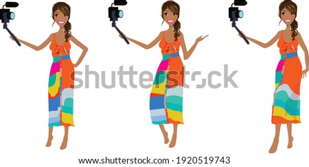Female cartoon holding selfie camera in three poses