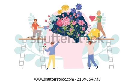 Teamwork of people recovery a brain with beautiful flowers and good heart and positive thinking. Concept for wellness of mental health and mindfulness in depression and mental illness. Stock foto © 