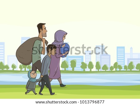 Family homeless or refugees, a man and a woman with children in the big city. Vector illustration with copy space.