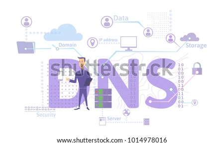 DNS concept, Domain Name System. Decentralized naming system for computers, devices, services, or other resources. Vector illustration in flat style, isolated on white background.