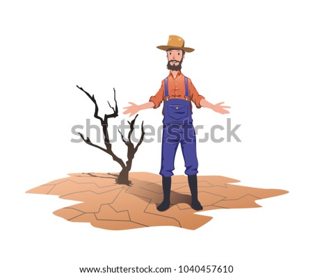 A farmer standing next to a dried dead tree. Concept on the theme of drought, global warming, lack of water for irrigation. Vector illustration, isolated on white background.