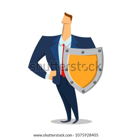 Man in business suit with a shield looking forward. Security and protection. Protecting your personal data. GDPR, RGPD, DSGVO. General Data Protection Regulation. Concept flat vector illustration.