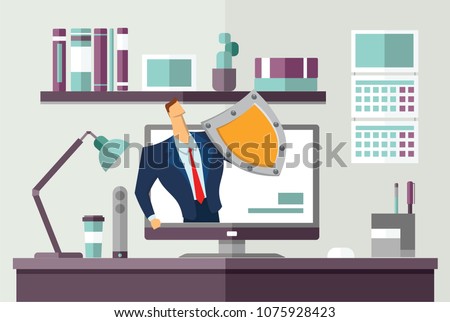Man in business suit with a shield protecting computer on office desk. Protecting your personal data. GDPR, RGPD, CCPA. General Data Protection Regulation. Concept flat vector illustration.