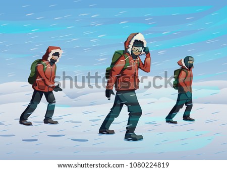 Polar explorers in red jackets marching on the snow in windy weather. Three men walking through the snowstorm. Vector illustration. Flat style. Horizontal.