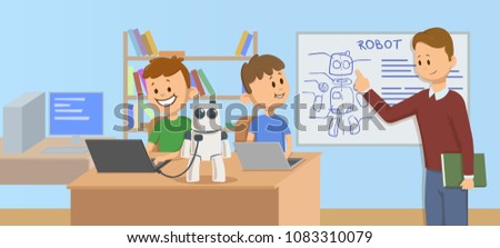 Happy kids in classroom studying robotics, science. Teacher explaining robot mechanics to the students in front of a robot scheme. Cartoon vector illustration. Flat style. Horizontal.