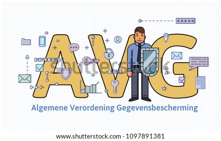 General Data Protection Regulation in Netherlands. Man with a shield in front of big AVG letters among internet and social media symbols. GDPR, DSGVO, AVG, DPO. Flat vector illustration. Horizontal.